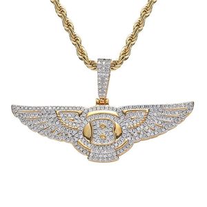 Regalo di gioielli bling da uomo con zirconi ghiacciati, collana con ali d'angelo placcate in oro 18 carati296l