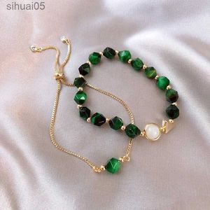 Frisado Luz Luxo Verde Gemstone Pulseira Feminina Ins Simples Personalidade Pulseira Conjunto de 2 peças Pulseira All-match Pulseira Ajustável YQ240226