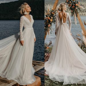 Seksowna plaża Backless A Line Suknie ślubne Suknie kantarki koronkowe aplikacje ślubne Szybka ślubna pociąg vestidos de novia