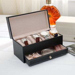 Schwarzer Leder-Schmuckuhr-Display-Organizer mit 4 Fächern, Kontrastnähte, stabiler sicherer Verschluss für Damen und Herren, Schmuckhalter-Box185j