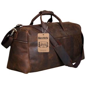 Berchirly vintage cavalo louco couro genuíno dos homens duffle bagagem de viagem natural grande saco fim de semana hangbag lj200922244s