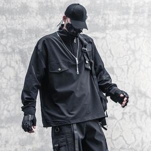 Erkek Trailtsits Dark Retro Techwear Kadın Tarzı Cep Dekorasyon Standı Yaka Yarım Zip Hoodie Düşme Yüksek Sokak Uzun Kollu T-Shirt İnce