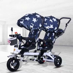 Double Stroller Wholesale- Child Bike Stroller Double Seats Baby Tricycle for Twins Bike Folding Three Wheels Twins Tricycle Pushchairs fashion Sporty