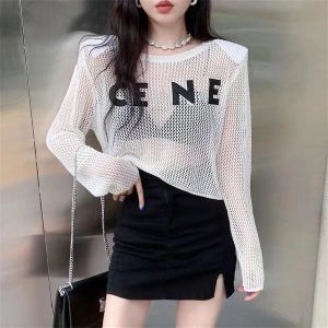 2024 Letter-printed hollowed-out T-shirt for women's summer new design sense Small crowd loose short long-sleeved sunscreen shirt top size free