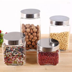 Storage Bottles Kitchen Lead-free Glass Jar Square Multigrain Food Mason Box Moisture-proof Sealed Coffee Tea Can Sugar Container