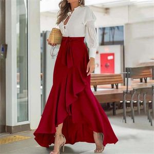 Vestidos casuais mulheres cintura alta maxi saia moda irregular hem auto-tie elástico plissado longo 2024 elegante diário