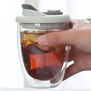 Wine Glasses Double Wall Glass Cup Leak Proof Mug With Airtight Silica Gel Lid Heat Insulated Coffee Juice Art Drinking