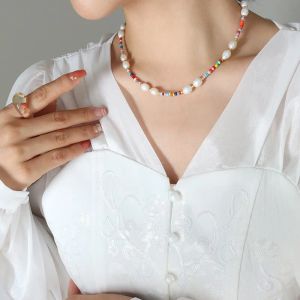 Ожерелья Красочные Стеклянные Бусины Ожерелье Для Женщин Натуральный Пресноводный Жемчуг Титановые Стальные Ожерелья Бохо Модные Тенденции Аксессуары Для Вечеринок
