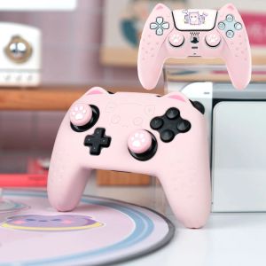 Cases Cat Paw Pink Silicone Soft Cover Sticker Skin för Nintendo Switch Pro Sony DualSense 5 PS5 Controller Case Thumb Stick Grip Cap
