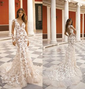 Berta Mermaid koronkowe suknie ślubne z długim rękawem aplikacji tiulu iluzja stanika sukienki ślubne sukienki ślubne vestidos de nnovia