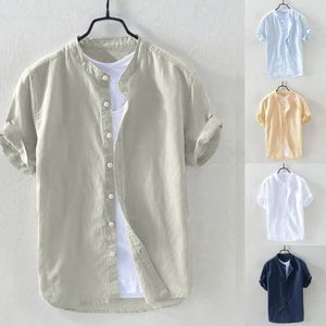 2023 Mens Casual Blouse Cotton Linen Shirt Loose Tops Short Sleeve Tee Summer Daily Handsome Blusa 240219