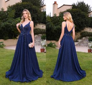 Sexy Dark Navy Backless Evening Dresess A Line Deep V Neck Appliques Beads Long Party Ocn Gowns Prom Wears Bridesmaids Dress Cps3041