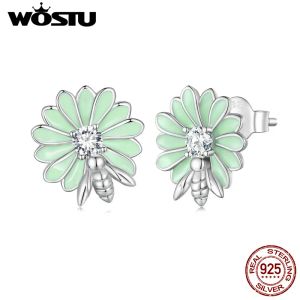 Tillbaka Wostu 925 Sterling Silver Lovely Daisy Flower Ear Studs Honey Bee Studörhängen för kvinnor Födelsedagsmycken Party Gift CQE1598