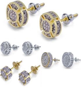 3 Styles Iced out CZ Premium Diamond Cluster Zirconia Round Screw Back Stud Earrings for Men Hip Hop Jewelry9525660