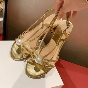 Dress Shoes 2024Gladiator Women Sandals Gold Leather Narrow Band Beach Summer Pearl Decor Square Heels Sandalias Mint Green Sapatos