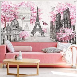 Arazzi Parigi Arazzo Sfondo Wall Art Torre Eiffel Po Banner Sfondo Città Europea Paesaggio Rosa Decorazione appesa