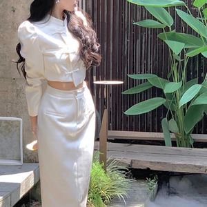 ツーピースドレス女性の中国スタイルボタンスーツコートラップヒップハーフスカートセットビンテージスタンディングカラー