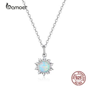 Colares Bamoer autêntico 925 prata esterlina branco opala sol pingente colar para mulheres elo de corrente colares prata 925 jóias scn399