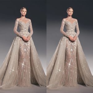 Luxo a linha vestido de casamento feminino querida mangas compridas vestidos de noiva cristal lantejoulas trem destacável vestido feito sob encomenda vestidos de novia