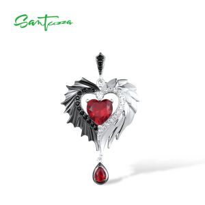 Halsband Santuzza Pure Sterling Sier Pendant For Women Red Heart Black Wing with Red Glass Spinel White CZ Fashion Fine Jewelry