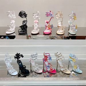 Rene Caovilla Margot Crystal Light Sandals z dekoracją wzoru węża Damskie szczupłe obcasy, luksusowe designerskie okłady wieczorne buty, wykwintne buty