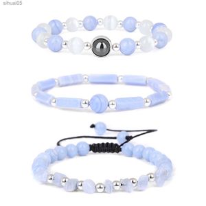 Frisado 3 Pçs/set Natural Ágata Pulseira Conjunto Para Mulheres Homens Cura Pedra Contas Pulseira Azul Renda Ágata Pulseiras Jóias Femininas Yoga YQ240226