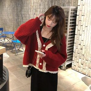 Women's Knits Christmas Sweaters For Women Lace Patchwork Sweet Korean Style Year All-match V-neck Cardigan Chic Schoolgirl Jumpers