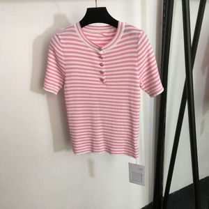 2024 The new South oil women's fashion with pink small fragrant buttons high-quality color striped short-sleeved sweater top