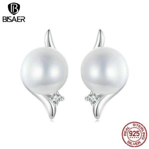 Charme bisaer 925 prata esterlina pérola brincos simples zircão clipe de orelha para mulher elegante banhado platina jóias finas presente