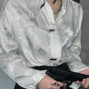 QWEEK Винтажные блузки в стиле Харадзюку, женские уличные рубашки с принтом дракона большого размера, рубашки на пуговицах с длинными рукавами, топы в китайском стиле в стиле панк Trend240226