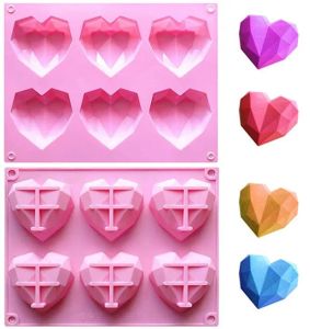 6 Cavity 3D Diamond Heart Shape Mould 100% Food-Grade Silicone Dessert Mold Non-Stick Easy Release Mold Cake Candy Ice Cube Soap Tray