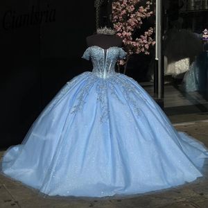 Light Blue Illusion Beading Crystal Ball Gown Quinceanera Dress Off The Shoulder Appliques Lace Corset Vestidos De XV Anos