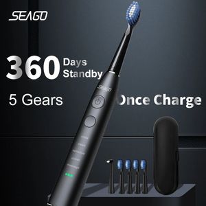 Электрическая звуковая зубная щетка Seago, перезаряжаемая от USB, для взрослых, срок службы батареи 360 дней, с 4 сменными насадками, подарок SG575 240220