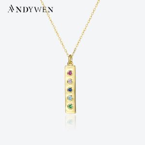 Colares Andywen 925 Sterling Silver Gold quadrado longo arco -íris cz pingente pingente Colar Winter 2022 Women Rock Punk Fine Jewelry Gift