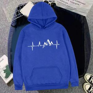 Herrtröjor män faller vinter hoodie berg ekg tryck huven lång ärm lös varm varm tjock plysch elastisk manschett fast färg mitt längd