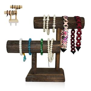 Necklaces 2Tier Jewelry Stand Organizer, Wooden TBar Necklace and Bracelet Holder Display for Accessories