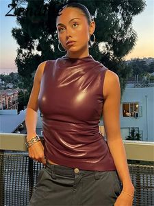 Zenaide Summer Pu Leather Tank Top Fashion Asymmetrical Ruched Sleeveless Turtleneck Sexig Crop Tops Y2K Women Punk Streetwear 240219