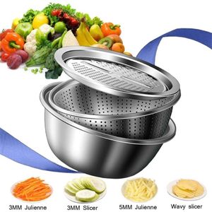 1 슬라이서 커터 배수 바구니 스테인레스 스틸 야채 Julienne Grater Salad Maker Bowl KC0410 201130243N