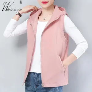 Waistcoats Oversize 5XL Casual Hooded Vest Women 2023 New Spring Summer Thin Liner Sleeveless Jacket Basic Loose Pink Short Chaleco Mujer