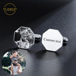 Jewelry Custom Name Cufflinks Engraving picture Name Cufflinks Buttons Wedding Gifts Sliver Hexagon Suit Cufflinks Men Jewelry Gifts