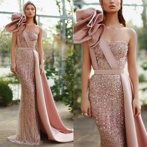 Impressionante rosa lantejoulas vestidos de baile flores um ombro sereia vestidos de noite formal vestido de festa de baile