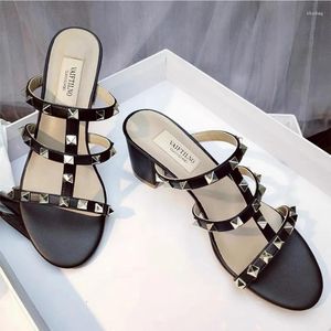 Sandals Luxury Genuine Leather Sexy Open Toe Flat Fashion Rivet Brand High Heels Women's Summer Thick Heel Pumps 33-41cm