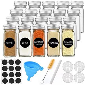 Depolama Şişeleri 12 PCS Cam Baharat Kavanozları Etiketler 4oz Boş Kare Kaplar Çeşni Pot Kapakları Hava geçirmez Metal Kapaklar Huni