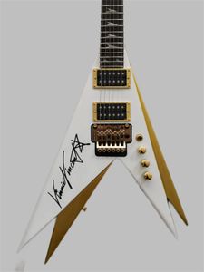 Disponibile Kiss Vinnie Vincent Pearl White Gold Double V Chitarra elettrica Floyd Rose Tremolo Birdge Dado di bloccaggio Hardware dorato