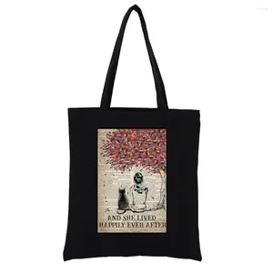 Shopping Bags And She Lived Happily Ever After Tote Bag Vintage Poster Shopper Fashion Totebag Eco Funny Women's Handbags Casual Totes