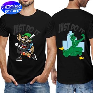 Camiseta masculina de manga curta personalizada dupla face impressa reforçada em torno do pescoço Absorção de umidade Respirável personalidade confortável Moda 100% algodão 157g preto