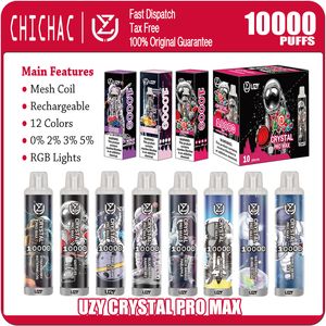 Autêntico UZY Crystal Pro Max Puff 10000 Vape descartável com luzes RGB Bobina de malha recarregável 10K Puffs E Cigarros 0% 2% 3% 5% Vaporizadores 12 cores