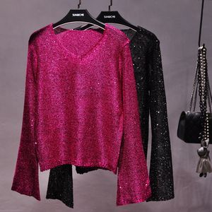 여성 T 셔츠 여성 옷 2023 한국 패션 스팽글 v- 넥 큰 트럼펫 소매 중공 가벼운 실크 뜨개질 스웨터 판금 코트