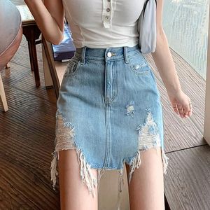 Skirts Irregular Holes Torn Edge Denim Skirt Women Spring 2024 High Waist Thin A-line Package Hip Cowboy Harajuku