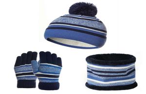 Crianças chapéus de inverno xales glov kit fio de lã de algodão usado pompom chapéu quente gorro xales luva gato três peças quente set7191530